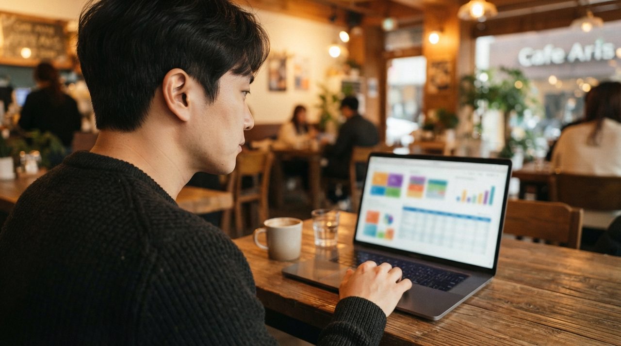 노트북으로 여행 계획 표를 확인하는 한국인 모습
